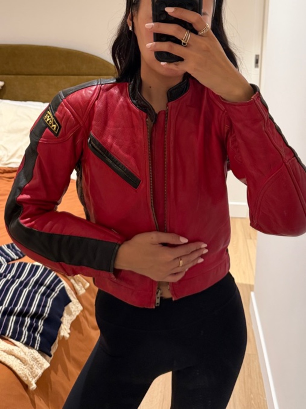 Red Leather Biker Jacket with Black Trim - Women